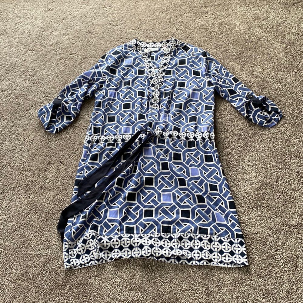 New York & Company Blue Geometric Print Stretch Sheath Dress Career SIZE S